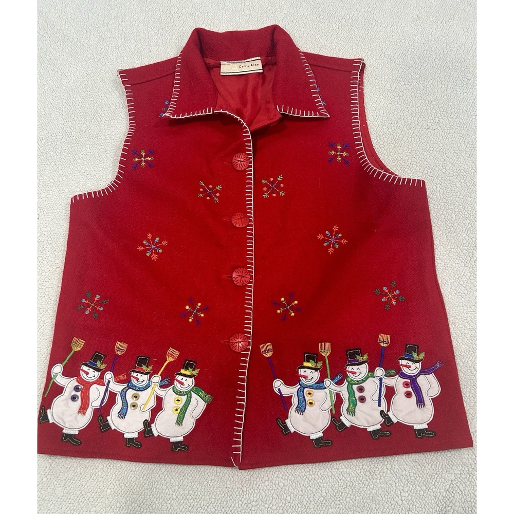 Carrie Allen Vintage‎ Wool Blend Christmas Vest Snowman Embroidered Cottagecore